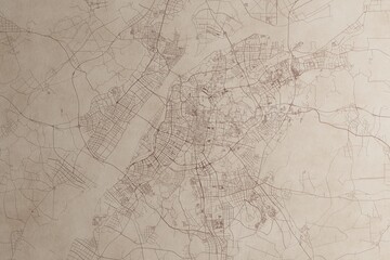 Map of Nanjing (China) on an old vintage sheet of paper. Retro style grunge paper with light coming from right. 3d render