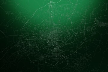 Street map of Shenyan (China) engraved on green metal background. Light is coming from top. 3d render, illustration