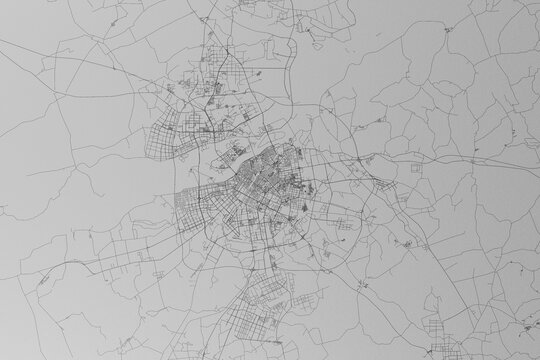 Map of the streets of Harbin (China) made with black lines on grey paper. Top view. 3d render, illustration