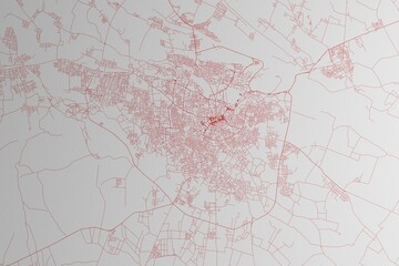 Map of the streets of Samarqand (Uzbekistan) made with red lines on white paper. 3d render, illustration