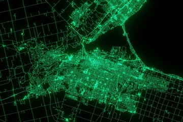 Map of the streets of Hamilton (Canada) made with green illumination and glow effect. Top view on roads network. 3d render, illustration