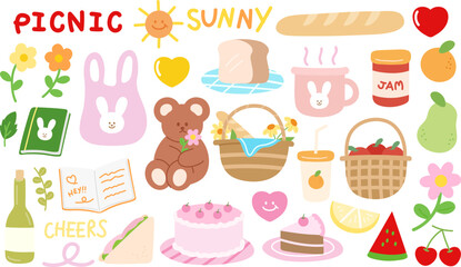 Picnic elements of foods and desserts such as bread, jam, sandwich, cake, food basket. Fruits such as orange, mango, cherry, watermelon, juice. Champagne, diary book, flowers, sun, stars also included