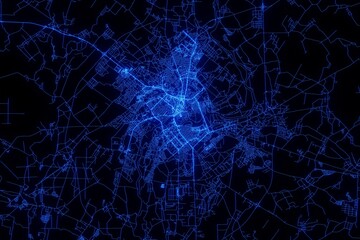 Street map of Mogilev (Belarus) made with blue illumination and glow effect. Top view on roads network