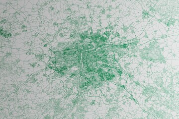 Map of the streets of Prague (Czechia) made with green lines on white paper. 3d render, illustration