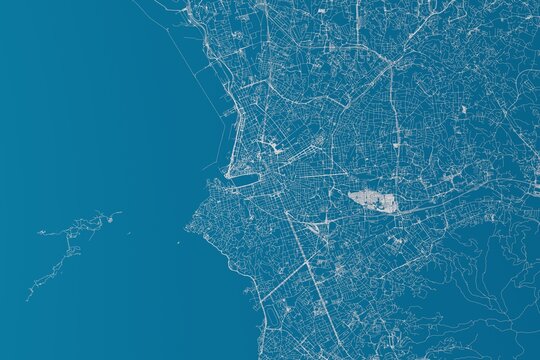 Fototapeta Map of the streets of Marseille (France) made with white lines on blue background. 3d render, illustration