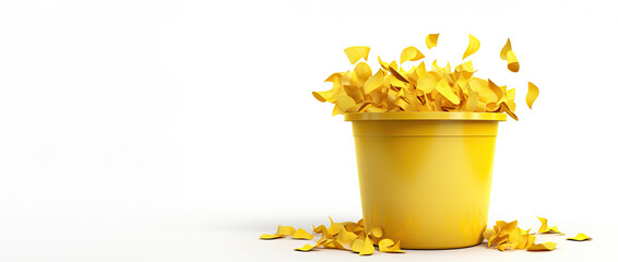 Yellow basket full of crumpled yellow paper, isolated on white