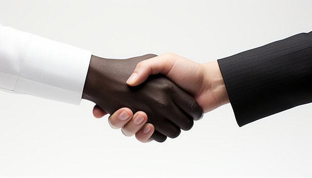 friendly handshake of people, greeting of two men, close-ups of black and white hands, fraudulent agreement in politics and business. Made in AI