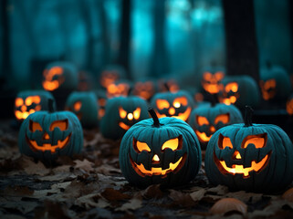 Halloween pumpkin candles light in dark. Spooky Halloween background.