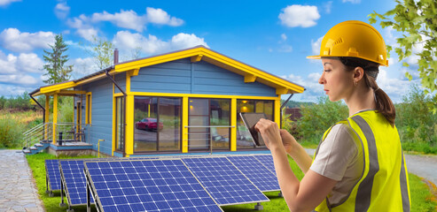 Solar panels near mansion. Woman engineer with tablet. Eco house with solar generators....