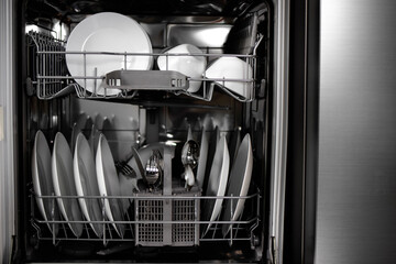 Built-in dishwasher. Clean dishes in the dishwasher. A clean white utensil. Modern technologies in...