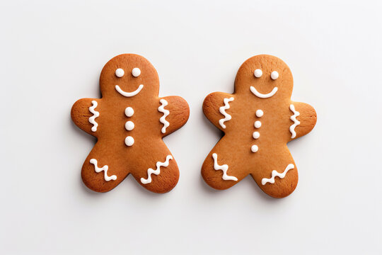 Festive, heartwarming composition of two homemade gingerbread man cookies with smiles. Cozy, hygge-inspired scene captures essence of holiday season, friendship, joy, perfect for Christmas, New Year.