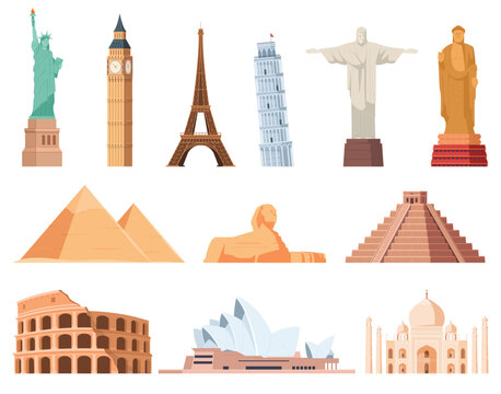 Cultural tourist attractions. Majestic architectural monuments and buildings of different countries. Travel around the world to places of interest. Vector illustration