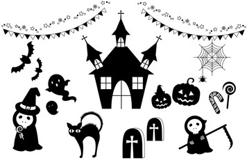 ハロウィン　ベクター　アイコン　セット モノクロ