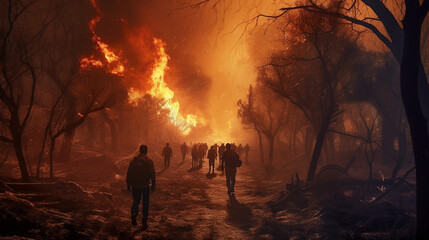 Obraz na płótnie Canvas Blazing forest fire with people trying to flee