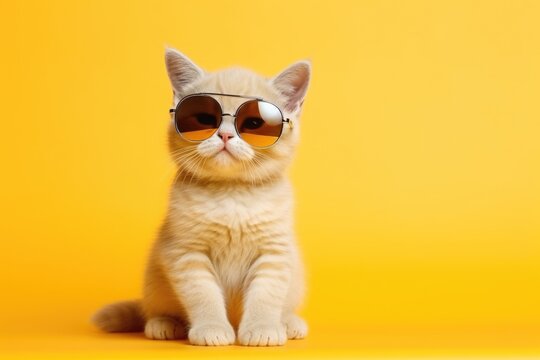Close portrait of british furry cat in fashion sunglasses. Funny pet on bright yellow background. Kitten in eyeglass. Fashion, style, cool animal concept with copy space