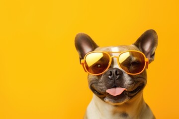 Close portrait of french bulldog dog in fashion sunglasses. Funny pet on bright yellow background. Puppy in eyeglass. Fashion, style, cool animal concept with copy space