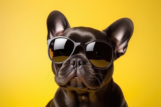 Close portrait of black french bulldog dog in fashion sunglasses. Funny pet on bright yellow background. Puppy in eyeglass. Fashion, style, cool animal concept with copy space