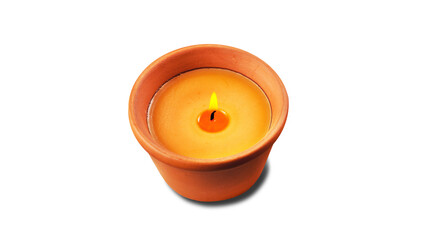 One burning candle in clay pot in transparent background.