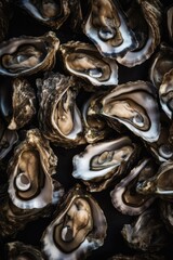 Creative flatlay pattern with Fresh oysters on black stone background with ice. Closeup open oyster. Seafood market or restaurant concept. French delicacy. Aphrodisiac mollusk
