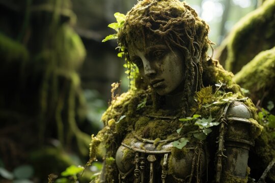 Emergence from Nature's Grasp: The Obscured Stone Sculpture in a Garden Long Forgotten, Concealed by Thick Moss and Cascading Ferns