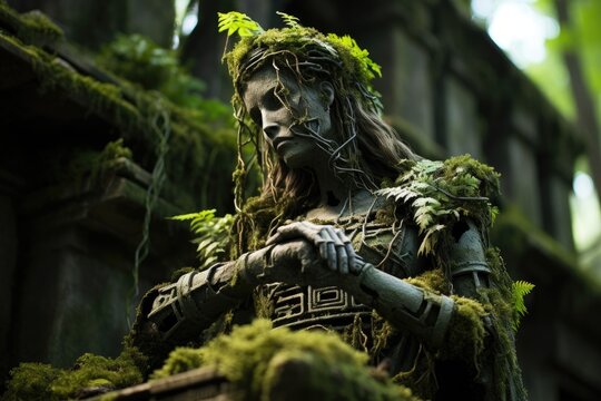 Echoes of the Past: Discovering the Enigmatic Stone Statue in an Abandoned Garden, Cloaked in Mystery by Lush Moss and Luxuriant Ferns