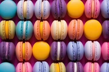 Macaron or macaroon pattern on colored background. Sweet and colorful different types of french almond cookies on dessert. Gift for Valentine's Day, party, birthday or holiday. Top view