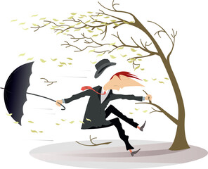 Bad weather, a hurricane, a frightened man man grabbing a tree branch. 
Strong wind, flying leaves, man with umbrella trying to save his life by grabbing a tree. Isolated on white background
