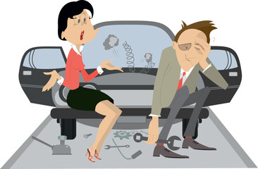 Sad man, angry woman and broken car. 
Upset woman asks the man to do something with the broken car. Isolated on white illustration

