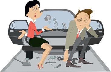 Fototapeta premium Sad man, angry woman and broken car. Upset woman asks the man to do something with the broken car. Isolated on white illustration 