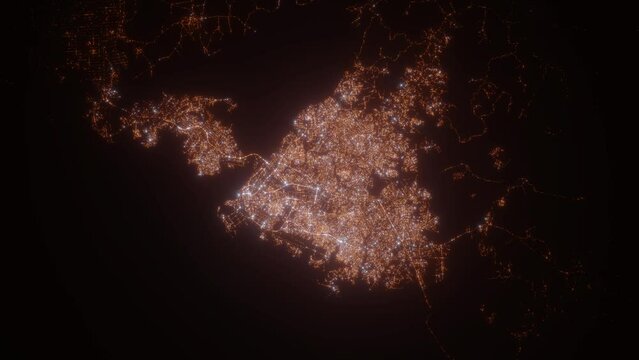 Douala (Cameroon) aerial view at night. View on modern city from space. Camera is zooming in, rotating counterclockwise