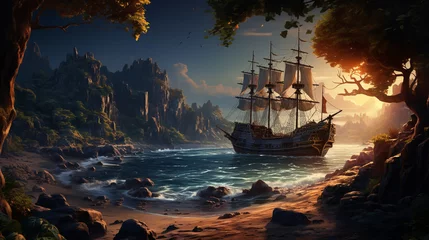 Fotobehang Pirate's Cove: A hidden cove with a pirate ship at anchor, surrounded by rocky cliffs and mysterious caves, telling tales of swashbuckling adventures  © Наталья Евтехова