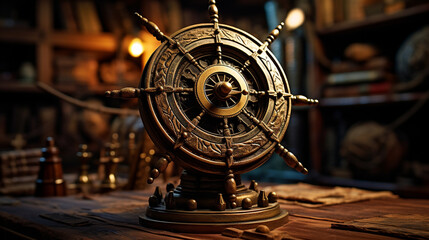 Ship's Helm: A close-up of the ship's helm, with a worn wooden wheel and a compass, capturing the essence of maritime navigation 