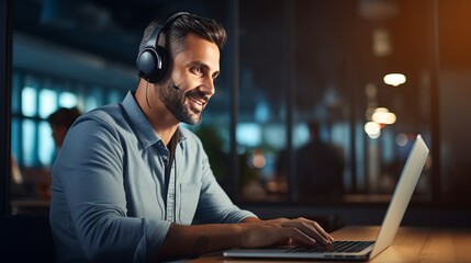 Portrait of young caucasian call center operator man doing his job with a headset