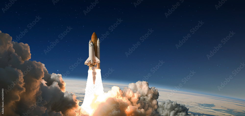 Sticker spaceship takes off into the night sky on a mission. rocket starts into space concept.elements of th
