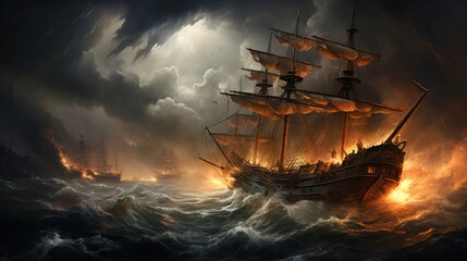 Ships in a Storm: Several ships battling through a fierce storm, with lightning, crashing waves, and a turbulent sky 