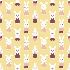 Seamless pattern with white hares in different clothes. Perfect retro print for tee, textile and fabric. Hand drawn illustration for decor and design.