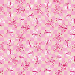 Seamless pattern with butterflies on checkered background. Perfect print for tee, stationery, textile and fabric. Animalistic illustration for decor and design.