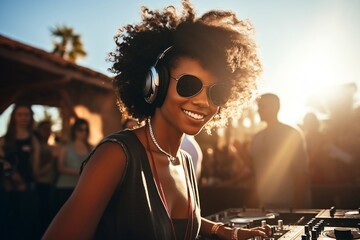 Beautiful young afro woman dj in headphones at a beach party, music and dancing. AI generated