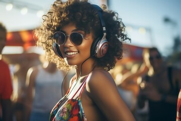 Beautiful young afro woman dj in headphones at a beach party, music and dancing. AI generated