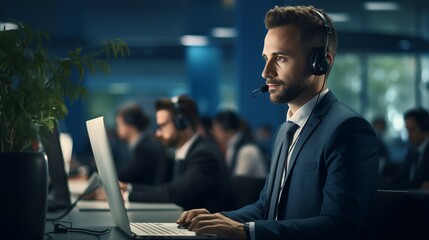 Portrait of young caucasian call center operator man doing his job with a headset