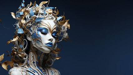 Schöne Kunst Maske in Frauen Gesicht Form in Gold und Blau Farben als Dekoration Querformat, ai generativ