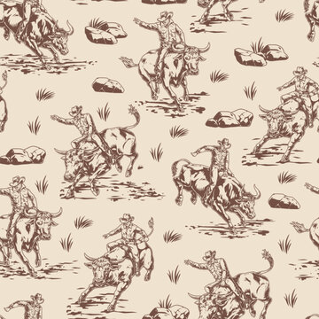 Bull rodeo seamless pattern monochrome