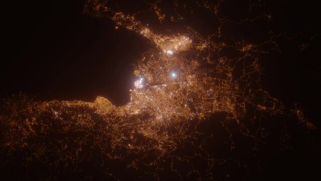 Port-au-Prince (Haiti) aerial view at night. Satellite view on modern city with street lights. Camera is flying above the city, moving forward