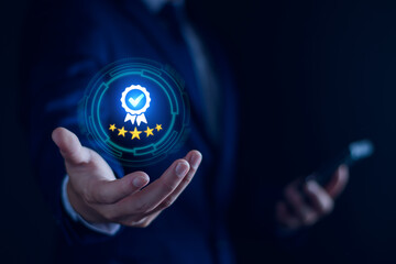 Quality Assurance Concept. Business people show high quality assurance mark, good service, premium, digital signature, premium service assurance, excellence service, high quality, excellence guarantee