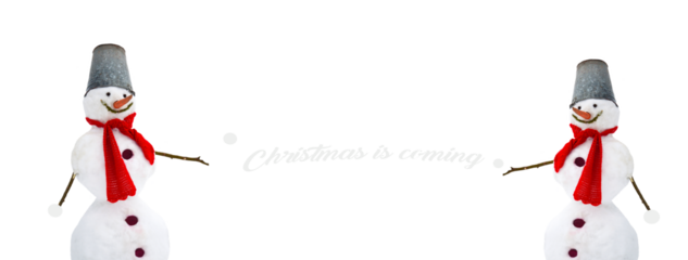 Winter, Christmas themed composition with a snowman, recycled paper and jute tape. Note "Christmas is coming". Bright colors. Copy space. The expression of a smile. Playfulness, humor, minimalism. PNG