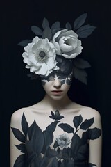 woman with black and white flowers
