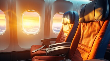 Empty aircraft seats and light shine porthole windows
