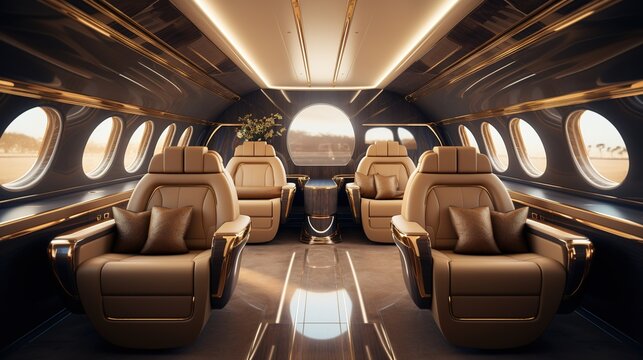 Luxurious salon in light colors made of genuine leather in a business jet. Design ai