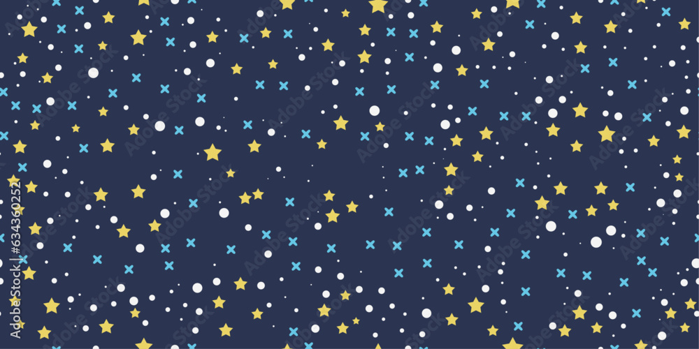 Poster A simple starry sky with white dots and yellow stars scattered randomly across the sky. Pattern for cloth, background, packaging, notepad, wallpaper.