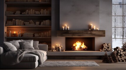 Obraz premium Cozy modern winter living room interior with a modern fireplace in a chalet. Design ai